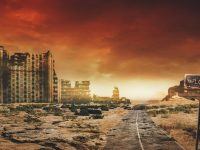 Post apocalyptic background image of desert city wasteland with abandoned and destroyed buildings, cracked road and sign.